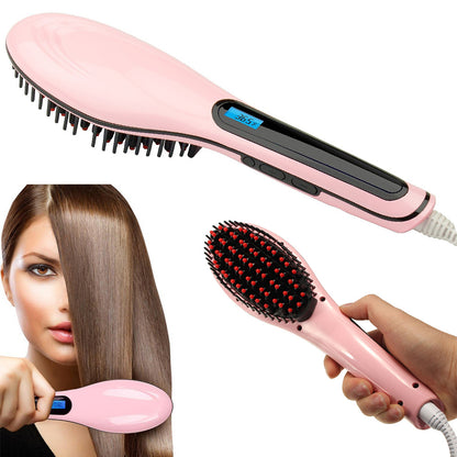 Hair Straightener Brush with Digital LCD Display incl Head Massage Function / Elektrische haar borstel Roze keramische stijltang