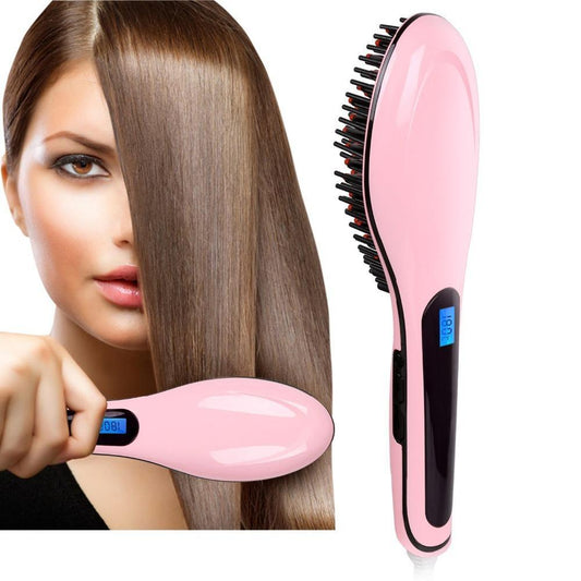 Hair Straightener Brush with Digital LCD Display incl Head Massage Function / Elektrische haar borstel Roze keramische stijltang
